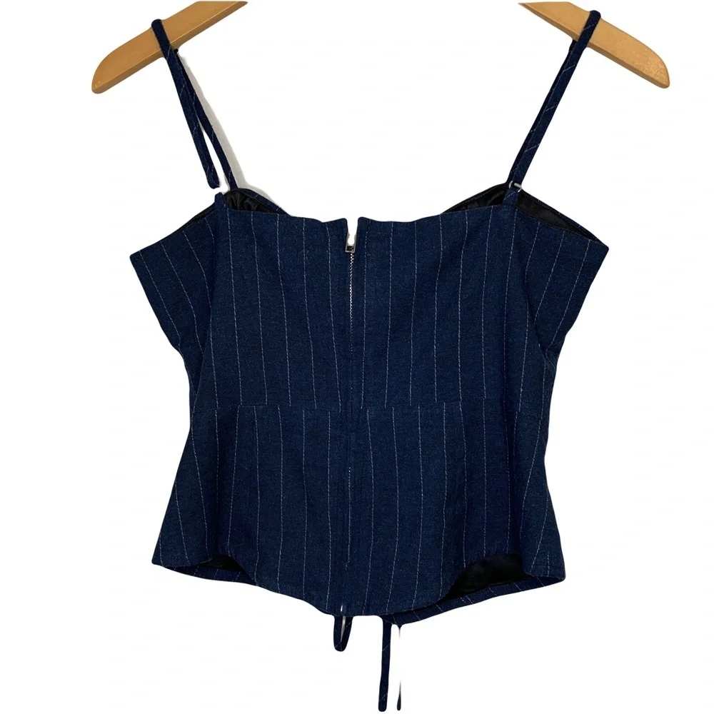 Farrow Navy Blue Pinstripe Corset Crop Top Size S - Picture 2 of 9